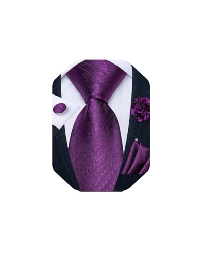 DiBanGu Mens Tie and Lapel Pin Set Silk Plaid Solid Paisley Necktie & Pocket Square Cufflinks for Wedding Party, Purple