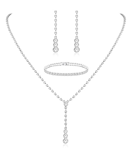 Jstyle Silver Bridal Jewelry Set for Women Rhinestone Necklace Dangle Earrings Bracelet Set Wedding Jewelry Sets for Brides Bridesmaid Crystal Prom Costume Jewelry Accessories for Women2