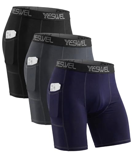 YESWEL Radlerhose Herren Kurz 3er Pack mit Handytasche, Schnelltrocknende Kompressionsshorts，Atmungsaktive Laufunterwäsche Funktionsshorts, Elastische Sport Tight Unterhosen (Mehrfarbig 01, L)