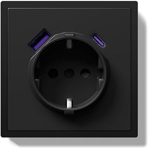 Schuko Steckdose mit USB/Typ C 20W, Unterputz EU-Standard Steckdosen, Wandsteckdose mit PC Rahmen, 80 * 80mm inzelsteckdose mit Krallen, Einfache Installation, 1 Fach Schwar