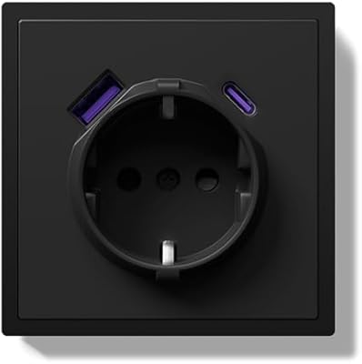 Schuko Steckdose mit USB/Typ C 20W, Unterputz EU-Standard Steckdosen, Wandsteckdose mit PC Rahmen, 80 * 80mm inzelsteckdose mit Krallen, Einfache Installation, 1 Fach Schwar