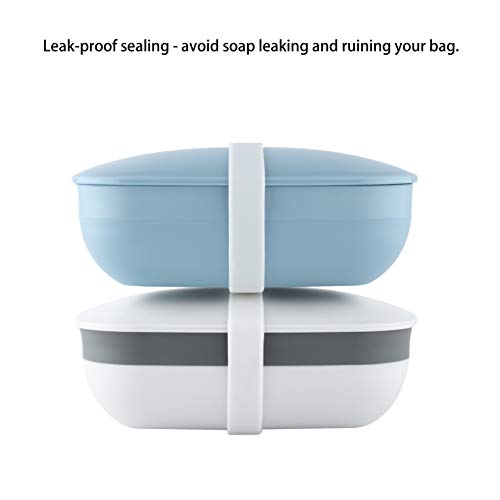 Snowkingdom 2 Pack Travel Soap Holder Container With Silicone Band & Soap Saver Set, Strong Sealing Leak Proof Portable - White & Blue #TOP2