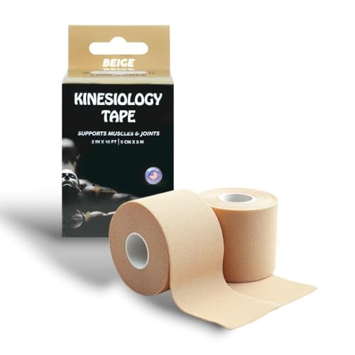 JLB Kinesiology Tape – 2 Rolls (16ft Each) – Strong Adhesion, Waterproof & Sweatproof – Latex-Free Sports Tape for Pain Relief, Muscle Support & Recovery – Physical Therapy & Athletic Tape (Beige)