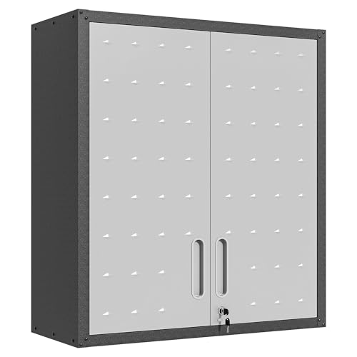 Metal Storage Cabinet for Garage, Tool Cabinet, Utility Cabinet | Wall Mounted, Hanging Tool Cabinet, Lockable, 2 Doors, Adjustable Shelves, Assembly Required, Black & Grey