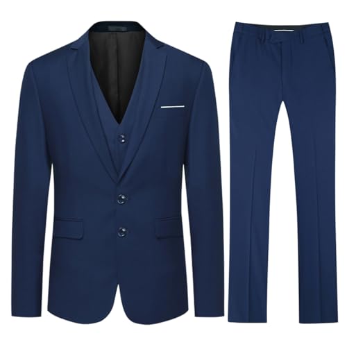 Allthemen Herren Anzug 3 Teilig Herrenanzug Slim Fit 2-Knopf Anzüge für Business Hochzeit Sakko Weste Hose Marine Blau L