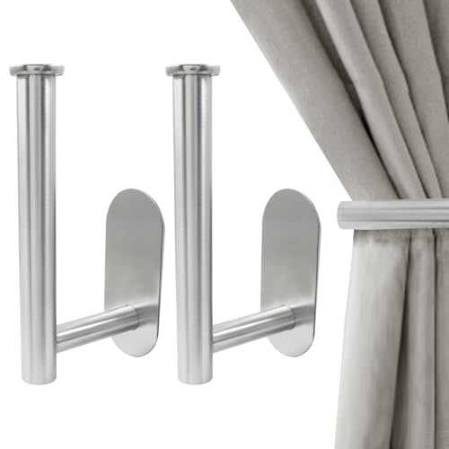 Zorveiio 2 Pcs Adhesive Curtain Holdbacks, No Drill Metal Curtain Tie Backs Holders Self-Adhesive Hooks, Pull Backs for Windows and Doors/Drapes(Silver)