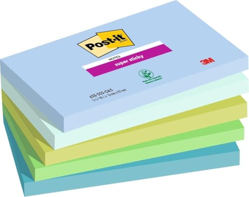 Post-it Super Sticky Notes, 450 Sheets, Pack of 5 Pads, 76 mm x 127 mm - Holds Strong to Many Surfaces - Blue, Green - for Walls, Monitors and Fridge, Recycable