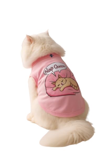 Image of Thunder Tails Printed Cat T-Shirt for Small to Large Cats & Kittens | Lightweight Breathable Cotton Pet Apparel | Cute & Stylish, Comfortable Round Neck Cat Clothes (L, Pink)