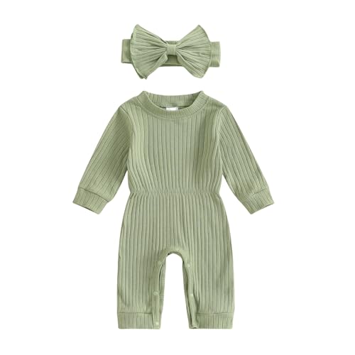 Image of Winioder Newborn Baby Girl Fall Clothes Ribbed Long Sleeve Romper Jumpsuit with Headband Infant 2Pcs Coming Home Outfit