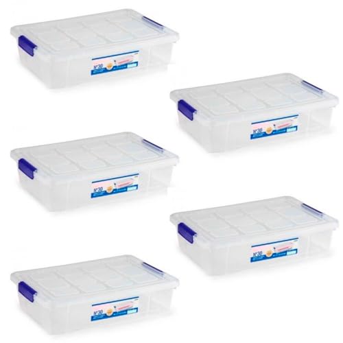 AC   Pack de 5 Cajas de ordenación de plástico Transparente. Contenedor de Almacenamiento para Guardar Libros, Ropa, Mantas   Fabricadas en España   5 litros   9 x 37 x 26 cm