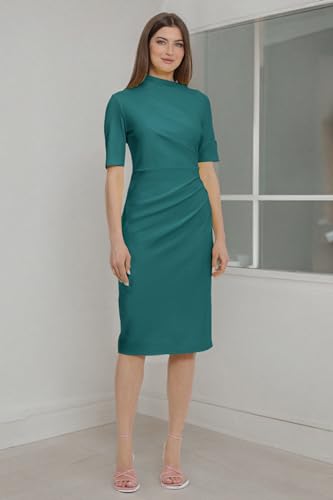 Image of Maggy London Women's Maggy London Women's Dresses Side Pleat Dress with Asymmetric Neck and Elbow Sleeves