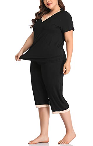 Zerdocean Women's Plus Size Pajama Sets, Sleepwear Short Sleeves Tops Capri Pants Nightwear Pj Lounge Sets Black 2X #TOP2