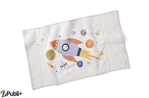 Miniatura 5 de Toallas De Playa O Ducha Personalizadas Con Nombre O Frases. Toallas Infantiles Para Niño Y Niña Unisex . Regalo Infantil Original Para Baño, Piscina, Playa, Camping. Varias Medidas Cohete Planetas