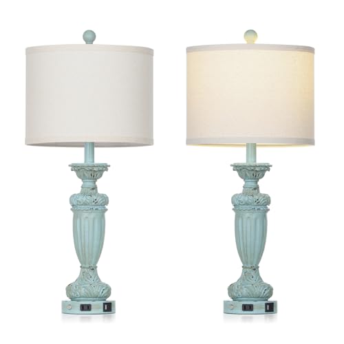 Rinweey 27.5 Inch Farmhouse Resin Table Lamps Set Of 2 For Living Room 3-Way Dimmable Table Lamp With Usb C+A Ports,Light Blue Desk Lamps,Traditional Bedside Lamps Use For Bedroom Nightstand thumb #8