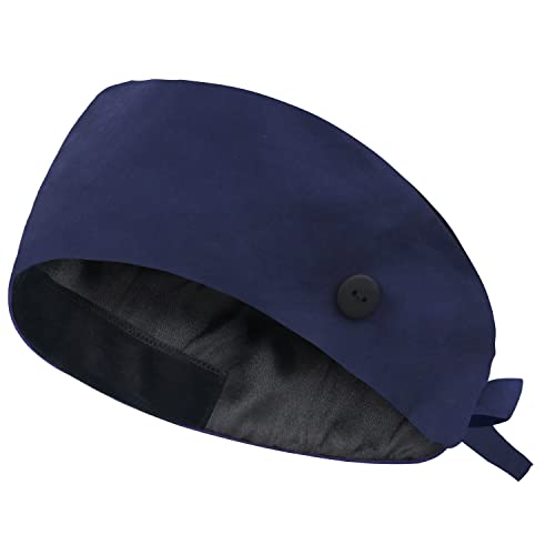 Image of Adjustable Scrub Cap with Button, Satin-Lined Cotton Scrub Hat Sweatband, Elastic Working Hat Unisex, One Size