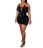 Jigfar Women's Sexy Sequin Rhinestone Off Shoulder Feather Bodycon Party Club Night Mini Dress(FK3205,Black,M)