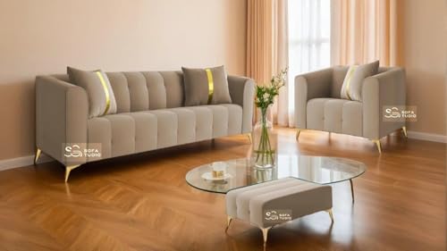 Image of Chesterfield Velvet Upholstery 3-Seater with Armchair and Footrest, Design in 3+1+Footrest Sofa for Living Room, Bedroom, Hallways (Tan Beige)