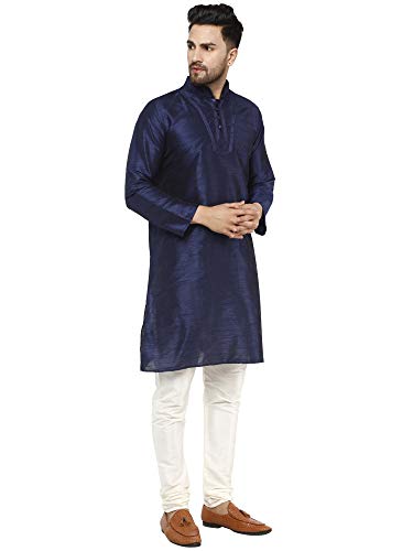 Image of SKAVIJ Men's Traditional Art Silk Kurta With Churidar Pyjama Regular Fit Ethnic Pajama Set Blue, XL