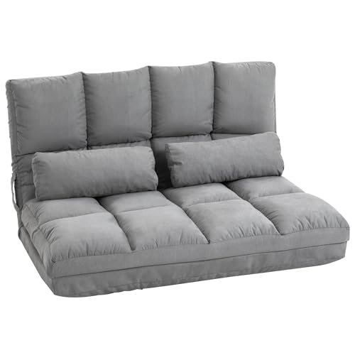HOMCOM Chauffeuse 2 Places canapé-lit Convertible Fauteuil de Sol Pliable Dossier réglable 2 Coussins Inclus en Polyester Aspect suédé, pour Salon, Chambre et Bureau, Gris