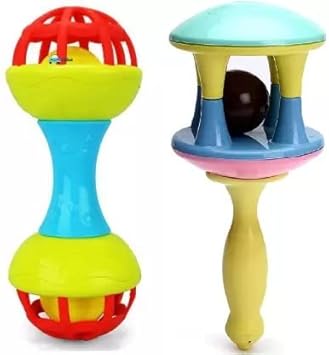 Noxxi Combo Ding Dong Rattle and Dumbbell Rattle Toy for Baby Bath Safe Non-Toxic Colorful Plastic Tasteless Hanging Gift 100% Safe for Infants New Born Babies