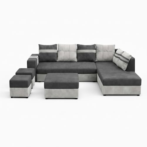 Image of Stova Luxe Velvet-Suede Fabric 8 Seater RHS Sofa Set | with 2 Ottomans& Centre Table| Comfortable & Spacious Seating | Modern Sofa Set for Living Room - Light Grey & Dark Grey