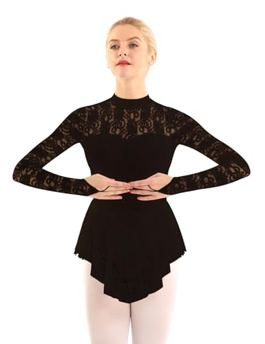 inlzdz Femme Robe Danse Classique en Dentelle Florale Robe Ballet Col Roulé Manche Longues Justaucorps Gymnastique Sport Yoga Body Bodysuit Patinage Concours Noir XS