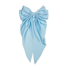 Light Blue Jumbo Silky Satin Bow Clip Hair Barrettes with Long Tails - Large French Metal Bowknot Hairpins for Girls