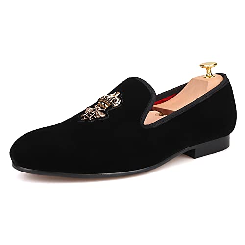 HI&HANN Bees Indian Silk Embroidery Men's Velvet Loafer Shoes Slip-on Loafer Round Toes Smoking Slipper2