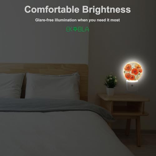 Image of EKOBLA Poppy Flower Night Light, Vintage Red Orange Floral Night Lights Plug Into Wall with Dusk to Dawn Sensor for Hallway