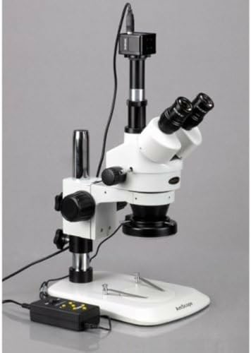 Image of AmScope SM-1TNZ-144A-10M Digital Professional Trinocular Stereo Zoom Microscope, WH10x Eyepieces, 3.5X-90X Magnification, 0.7X-4.5X Zoom Objective, Four-Zone LED Ring Light, Pillar Stand, 110V-240V, Includes 0.5X and 2.0X Barlow Lenses and 10MP Camera with Reduction Lens and Software