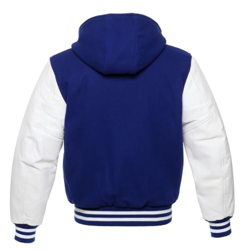 Mens Varsity Jackets Baseball Letterman Wool Body Genuine Leather Sleeves Bomber Jacket with Hood2