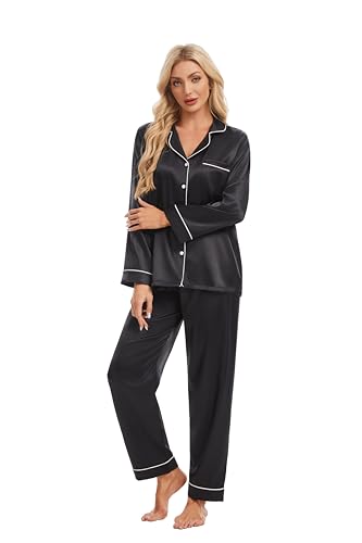 Devirld Women's Classic Long Sleeve Satin Pajamas Set Button Down Silky Sleepwear 2 Piece Lounge Set Pj Set with Notch Collar Black - image 2