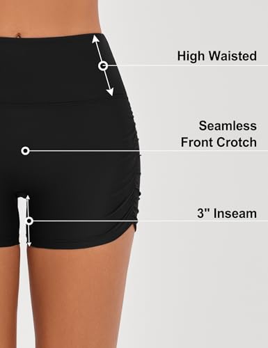 Women's 3" Swim Shorts High Waist Bathing Suit Bottoms Ruched Side Board Shorts3