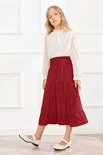 Hopeac Little Girls Double-Layer Skirt Cotton High Waist Elastic Pleated A-Line Tiered Midi Maxi Swing Dress With Pockets #TOP2