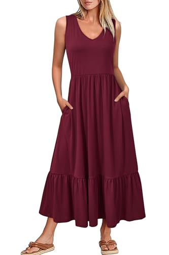 VOTEPRETTY Summer Dresses for Women UK Sleeveless V Neck Maxi Dress Ladies Long Beach Sundress with Pockets Wine,XL