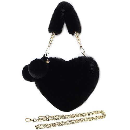 fynora Stylish Black Heart Shaped Plush Handbag for Girls & Women | Cute Faux Fur Shoulder Bag with Pom-Pom & Gold Chain Strap | Soft Winter Crossbody Purse-picture-26