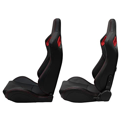 Freemotor802 Universal Racing Seats, Reclinable Sport Seats With Dual Lock Sliders Adjustable, 1 Pair (Driver + Passenger Side), Pu + Carbon Fiber Fabric, Black With Red Bezel & Red Stitching #TOP2
