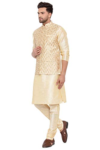Image of KRAFT INDIA Men's Stylish Silk Kurta with Churidar & Nehru Jacket Set