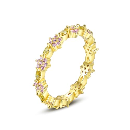 Pink Moissanite Wedding Band in 14K Gold, Flower Design, Fashionable Jewelry for Women, Unique for Mother's Day