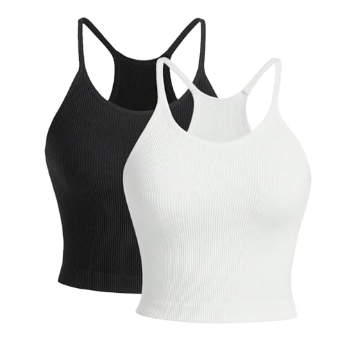 Image of KIKIMINK Womens Tank Tops Sleeveless Yoga Camisole Top Spaghetti Strap Casual Vest for Women Y2k Girls UK 2PC Black/White