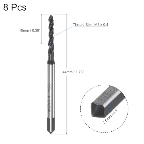 QUARKZMAN 8Stück Metrisch Maschinengewindebohrer M2 x 0,4 Gewindebohrer HSS(6542) Vierkantschaft Hochwertiger Nitrierbeschichtete Gewindeschneider