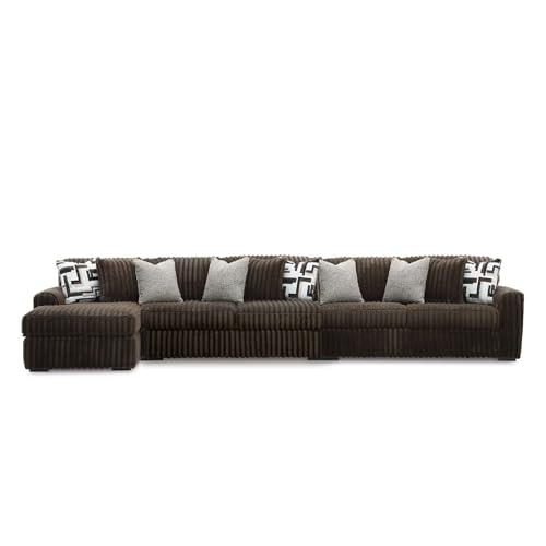 Image of Signature Design by Ashley Midnight-Madness 3-Piece Sectional with Chaise, Large L-Shaped Couch, Deep Seat Sectional, Brown Jumbo Corduroy Sofa, Reversible Cushions, Chocolate Brown, 190 inch W