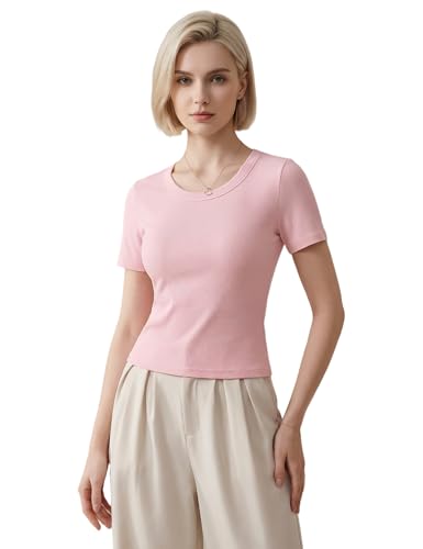 Image of Venzina Women's Double-Faced Modal T-Shirt - 60S Cooling Smooth Short Sleeve Tops, Slim Fit Breathable Moisture Wicking Tee for Yoga, Work & Casual Wear
