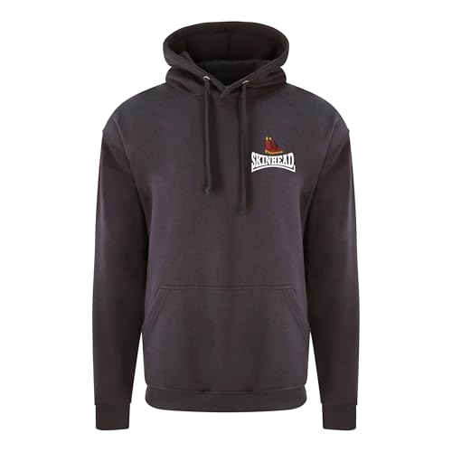 Image of Apm Apparel Skinhead Docs Boots Embroidered Hoodie - British Skin Head Hooded Sweatshirt Embroidery (UK, Alpha, L, Regular, Regular, Charcoal)