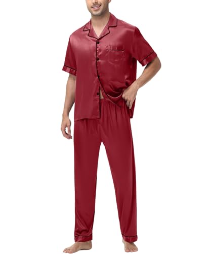 Mens Satin Silky Pajama Sets Short Sleeve Button Down Sleepwear Long Pants Loungewear with Pockets