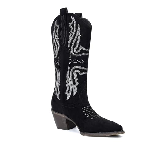 CKSNDLF Women's Cowboy Boots Western Mid-Calf Cowgirl Boots with Classic Embroidered Pointed Toe Block Heel Pull-On Shoes3