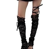 Shulmate Aesthetic Lace Thigh High Leg Warmers with Adjustable Tie Fashionable Sheer Fishnets Leg Covers Long Socks for Women(Black)