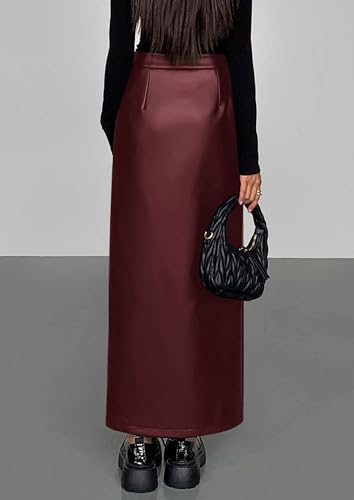 PRETTYGARDEN Womens Faux Leather Skirts 2025 Fall Fashion Bodycon High Waisted Slit Work Office Winter Maxi Long Pencil Skirt