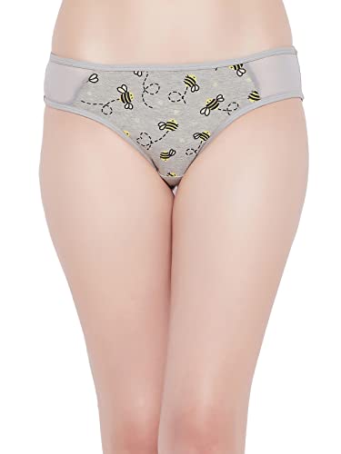 Image of Clovia Women's Cotton Low Waist Bee Print Bikini Panty with Powernet Panels in Grey