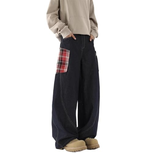 Men's Jeans Spring American Retro Plaid Patchwork Denim Long Pants for Men